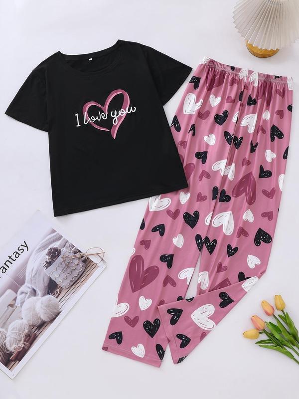 Two-Piece Set Women's Heart Print Short Sleeve Tee & Plaid Print Pants Pyjama Set, Letter Print Round Neck T-Shirt & Elastic Waist Trousers PJ Set, Casual Comfy Sleepwear Set for Women