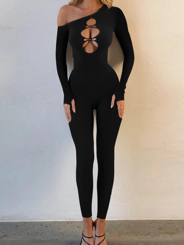 Women's Solid Color Cut Out Long Sleeve Jumpsuit, Casual Fashion Comfy Bodysuit for Daily Outdoor Wear, Women Jumpsuits for Spring & Fall