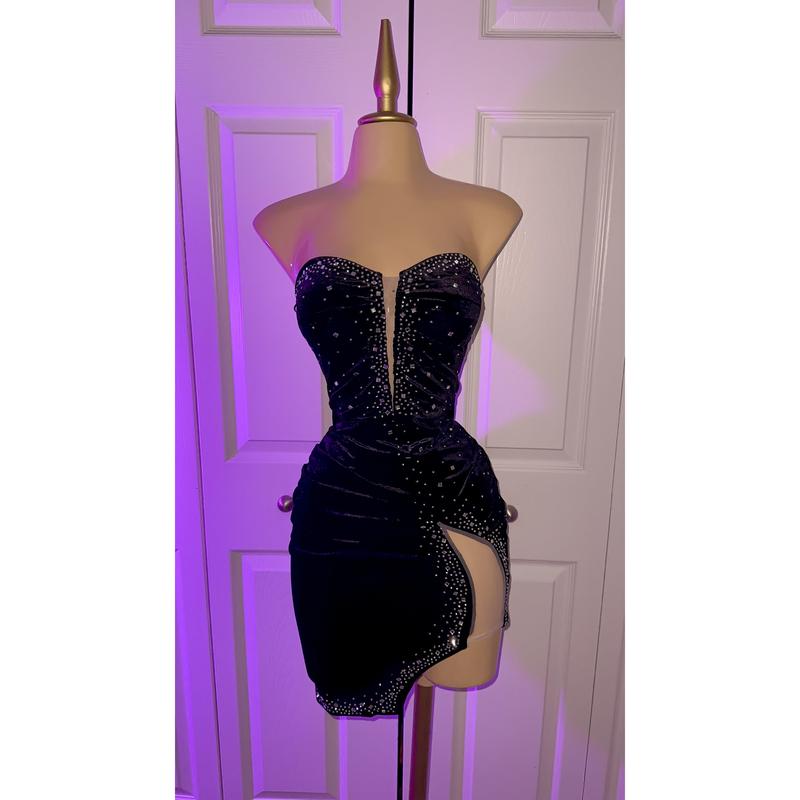 Ruby Velvet Rhinestone Dress - Black (Plus Size Available)