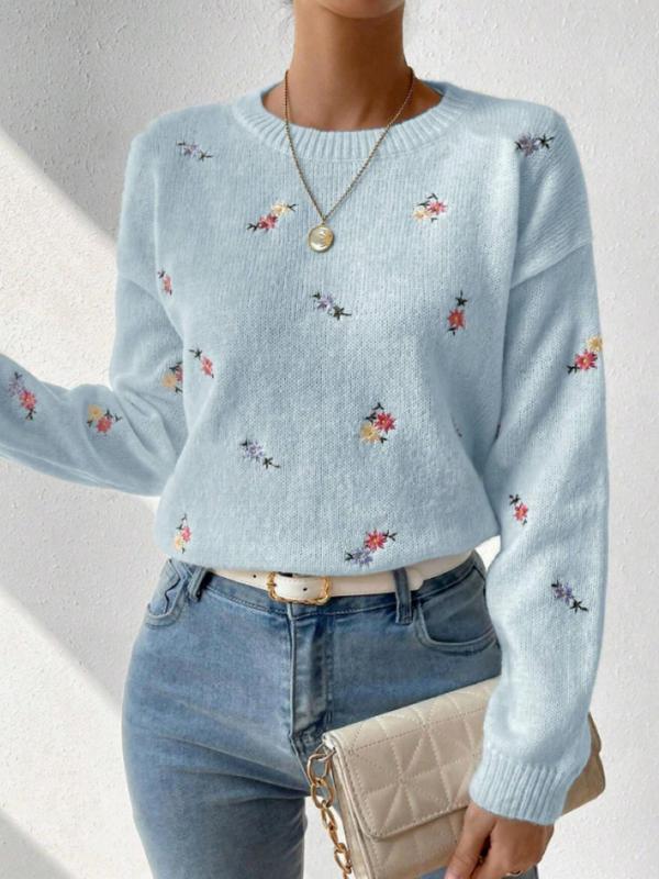 Women's Floral Embroidery Drop Shoulder Sweater,  Vintage Clothing,  Casual Long Sleeve Round Neck Jumper, Ladies' Knitwear for Daily Wear