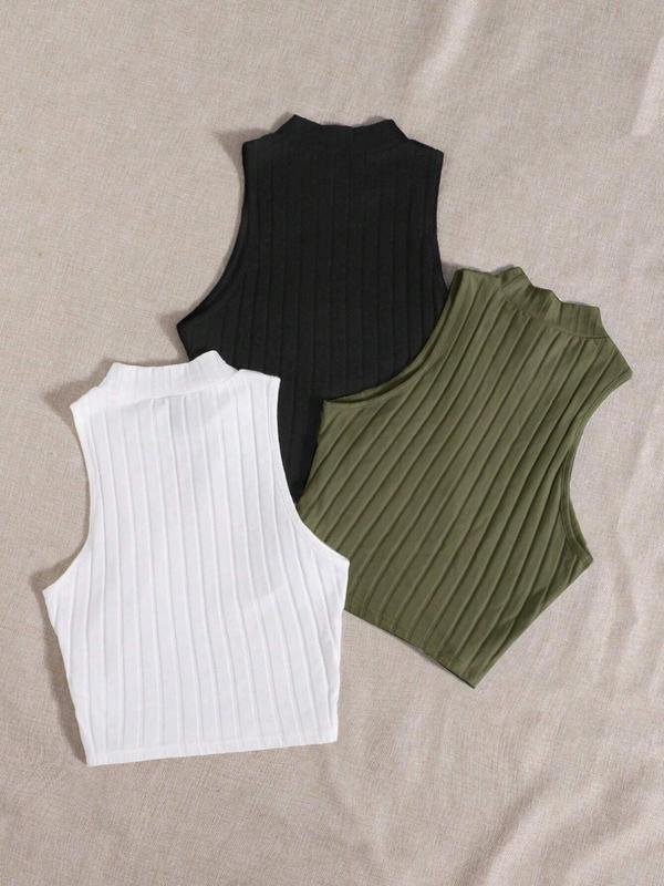 Women's Plain Mock Neck Ribbed Tank Top, Casual Sleeveless Top for Summer, Ladies Clothes for Daily Wear