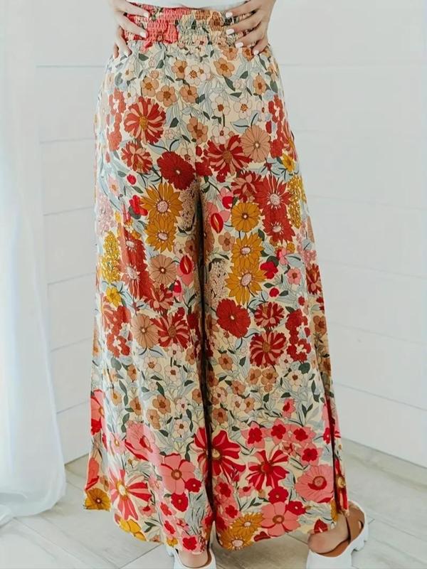  Floral Print Shirred Wide Leg Vintage Pants, Boho Casual High Waist Trousers for Women for Daily Holiday Vacation Wear, Summer Outfits, Pants for Women, Women's Bottoms for Summer