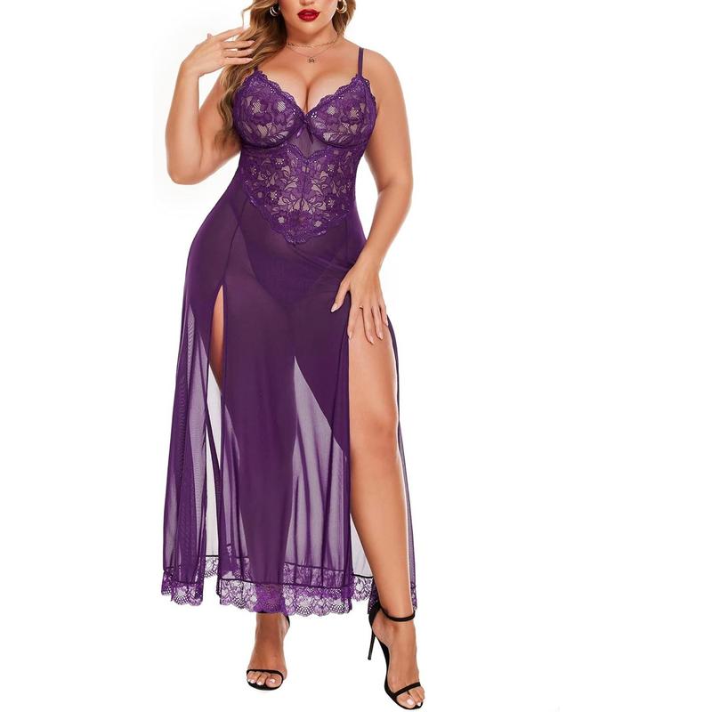 Plus Size Lingerie For Women Babydoll Sexy Mesh Maxi Nightdress Strappy Exotic Sleepwear Side Slits