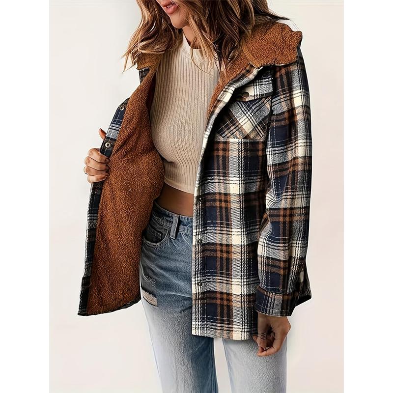 Long Sleeve Warm Plaid Pattern Zip Up Casual Hooded Jacket, Women's Clothing