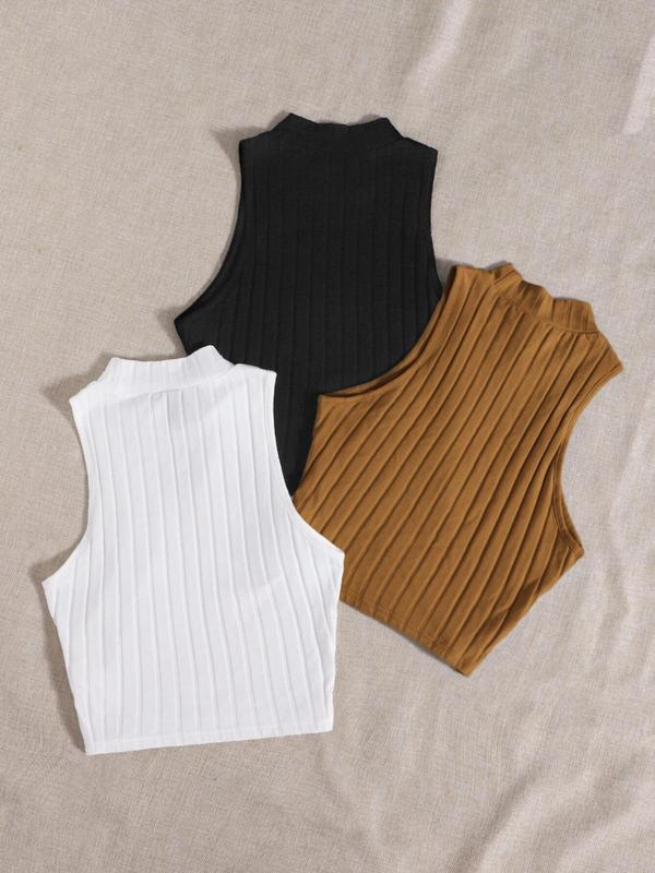 Women's Plain Mock Neck Ribbed Tank Top, Casual Sleeveless Top for Summer, Ladies Clothes for Daily Wear