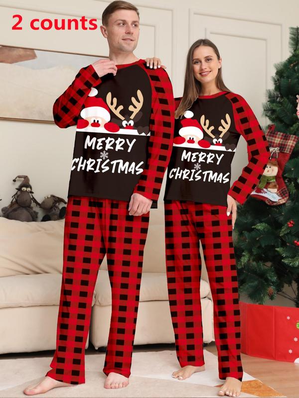 Christmas Themed Cartoon Print Pajamas Two-piece Set, Casual Comfortable Long Sleeve Top & Elastic Waist Pants Pajama Set, Men & Women's Sleepwear for Spring & Fall