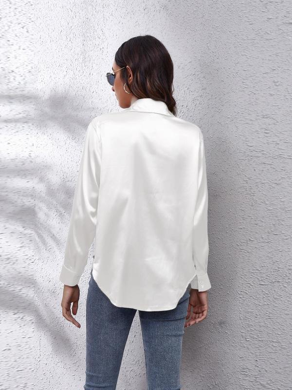 Women's Solid Button Front Satin Shirt, Elegant Long Sleeve Collared Blouse Top for Spring & Fall, Ladies Clothes for Daily Wear, Fall Outfits, Fallfreshness