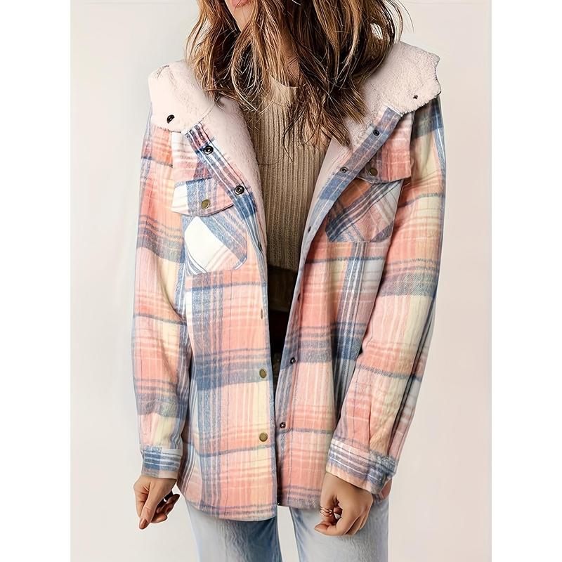 Long Sleeve Warm Plaid Pattern Zip Up Casual Hooded Jacket, Women's Clothing