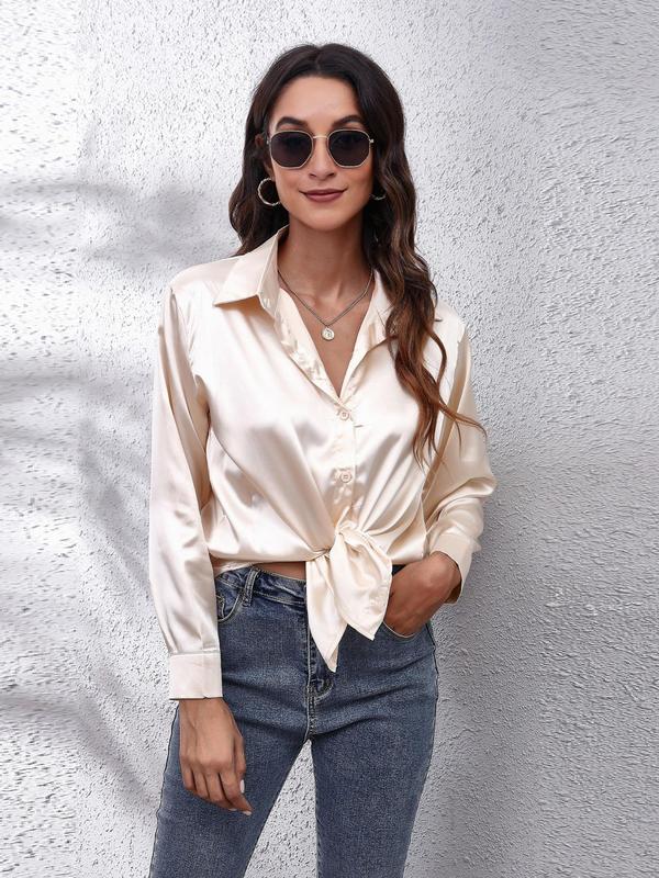 Women's Solid Button Front Satin Shirt, Elegant Long Sleeve Collared Blouse Top for Spring & Fall, Ladies Clothes for Daily Wear, Fall Outfits, Fallfreshness