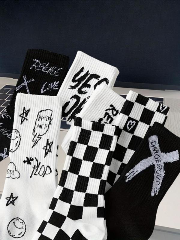 Women's Checkerboard & Letter Print Crew Socks, Casual Moisture Wicking Socks, Soft Comfy Breathable Socks for All Seasons Daily Wear