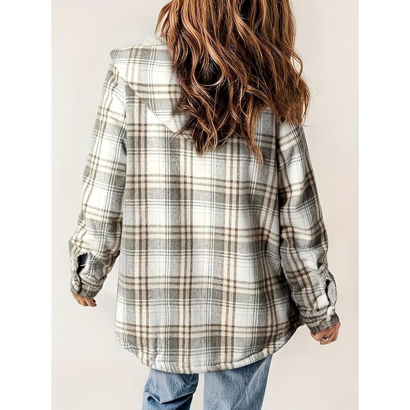 Long Sleeve Warm Plaid Pattern Zip Up Casual Hooded Jacket, Women's Clothing