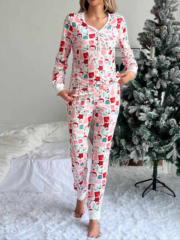 Women's Christmas Print Button Front Lounge Set, Casual Comfortable Long Sleeve Top & Elastic Waist Pants Loungewear Set, Ladies Sleepwear for Spring & Fall