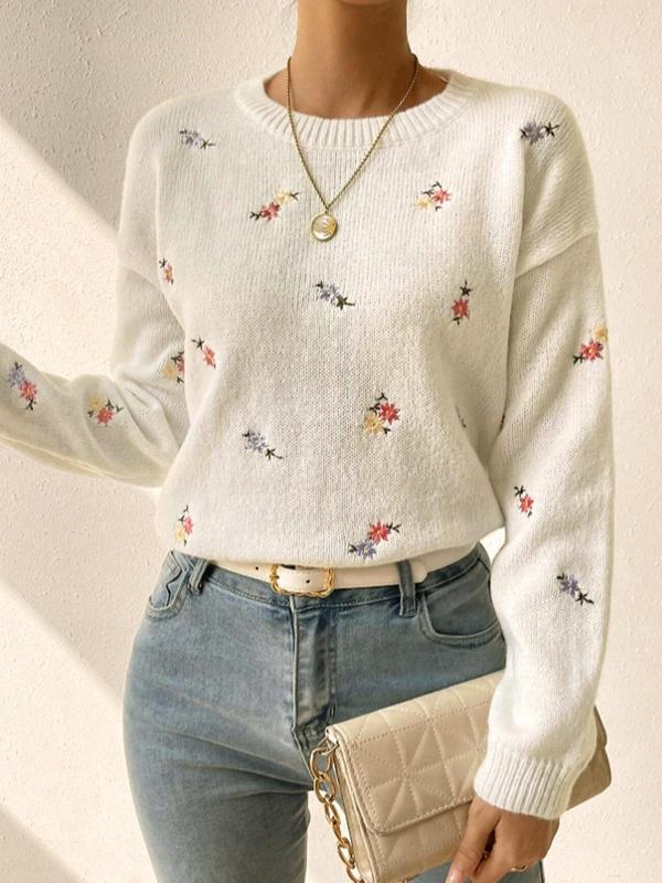 Women's Floral Embroidery Drop Shoulder Sweater,  Vintage Clothing,  Casual Long Sleeve Round Neck Jumper, Ladies' Knitwear for Daily Wear