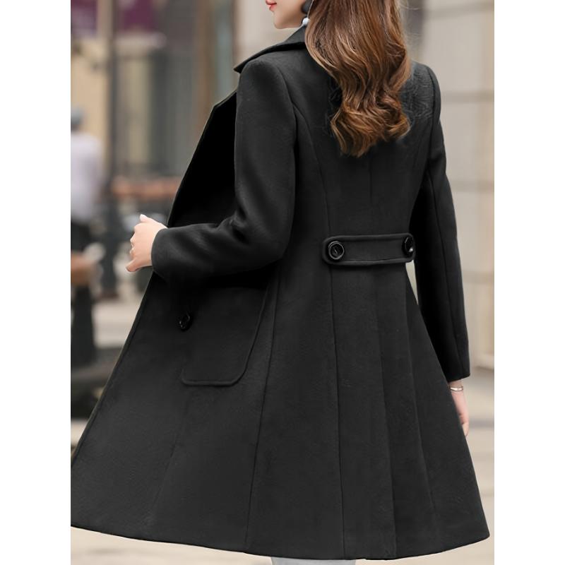 Double Breasted Lapel Longline Jacket, Elegant Long Sleeve Pockets Overcoat For Fall & Winter, Women's Clothing Cotton Fabric Outerwear Basic