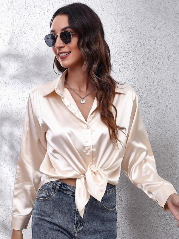 Women's Solid Button Front Satin Shirt, Elegant Long Sleeve Collared Blouse Top for Spring & Fall, Ladies Clothes for Daily Wear, Fall Outfits, Fallfreshness