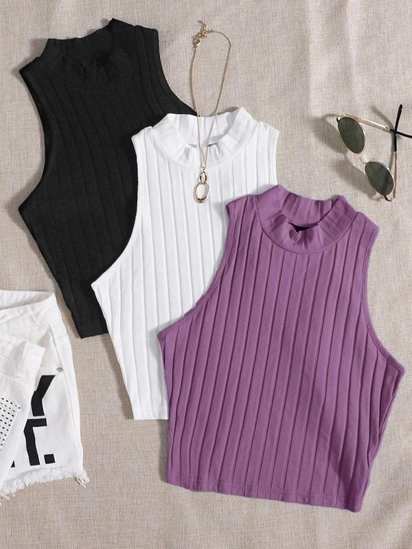 Women's Plain Mock Neck Ribbed Tank Top, Casual Sleeveless Top for Summer, Ladies Clothes for Daily Wear