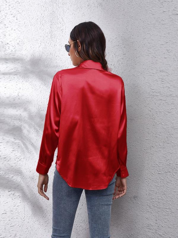 Women's Solid Button Front Satin Shirt, Elegant Long Sleeve Collared Blouse Top for Spring & Fall, Ladies Clothes for Daily Wear, Fall Outfits, Fallfreshness