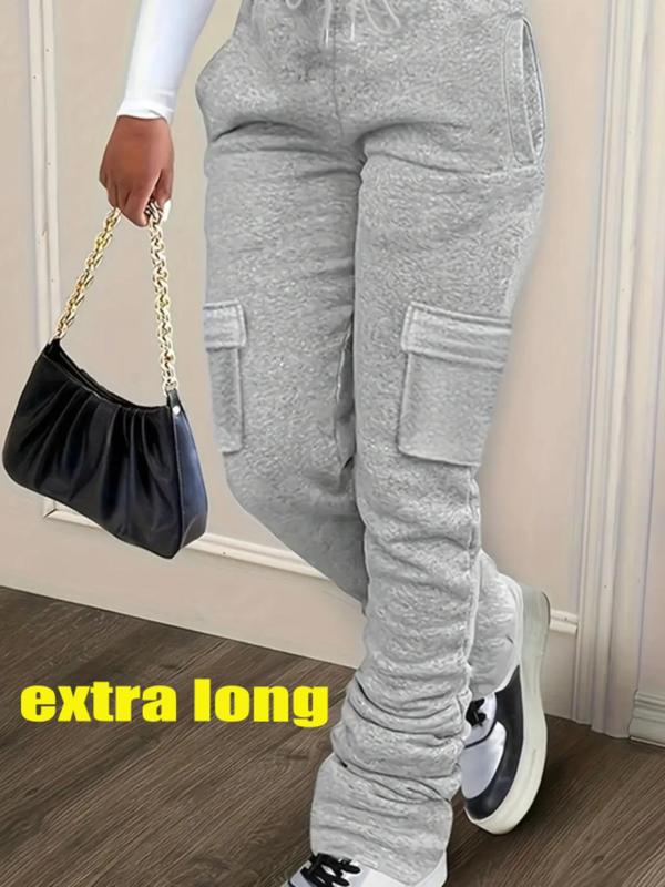 Women's Solid Drawstring Elastic Waist Extra-long Sweatpants, Casual Flap Pocket Sweat Pants for Fall, Cargo Sweats for Women Lady, Women's Trousers Clothes for Daily Wear