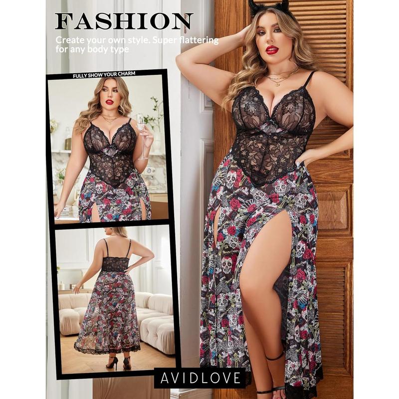 Plus Size Lingerie For Women Babydoll Sexy Mesh Maxi Nightdress Strappy Exotic Sleepwear Side Slits