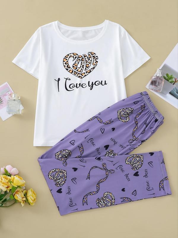 Two-Piece Set Women's Heart Print Short Sleeve Tee & Plaid Print Pants Pyjama Set, Letter Print Round Neck T-Shirt & Elastic Waist Trousers PJ Set, Casual Comfy Sleepwear Set for Women