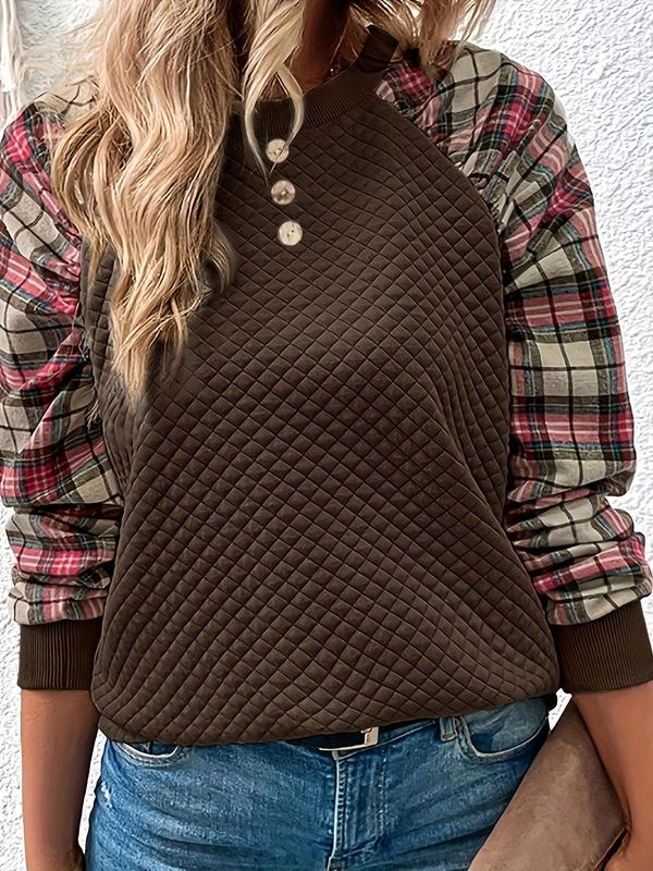 Women's Plaid Patchwork Print Fake Buttons Raglan Sleeve Sweatshirt, Casual Long Sleeve Round Neck Pullover, Women's Fall & Winter Clothes