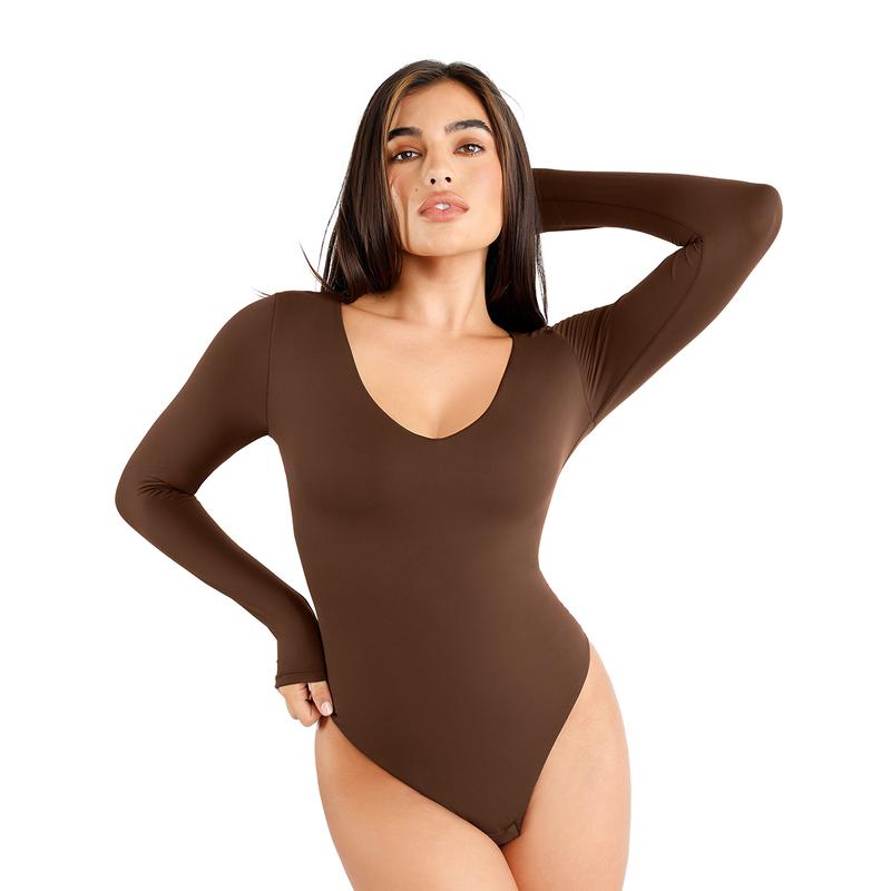 Popilush The Shapewear Bodysui CloudSense Seamless V-Neck Long-Sleeve Bodysuits Fabric Mesh Tops