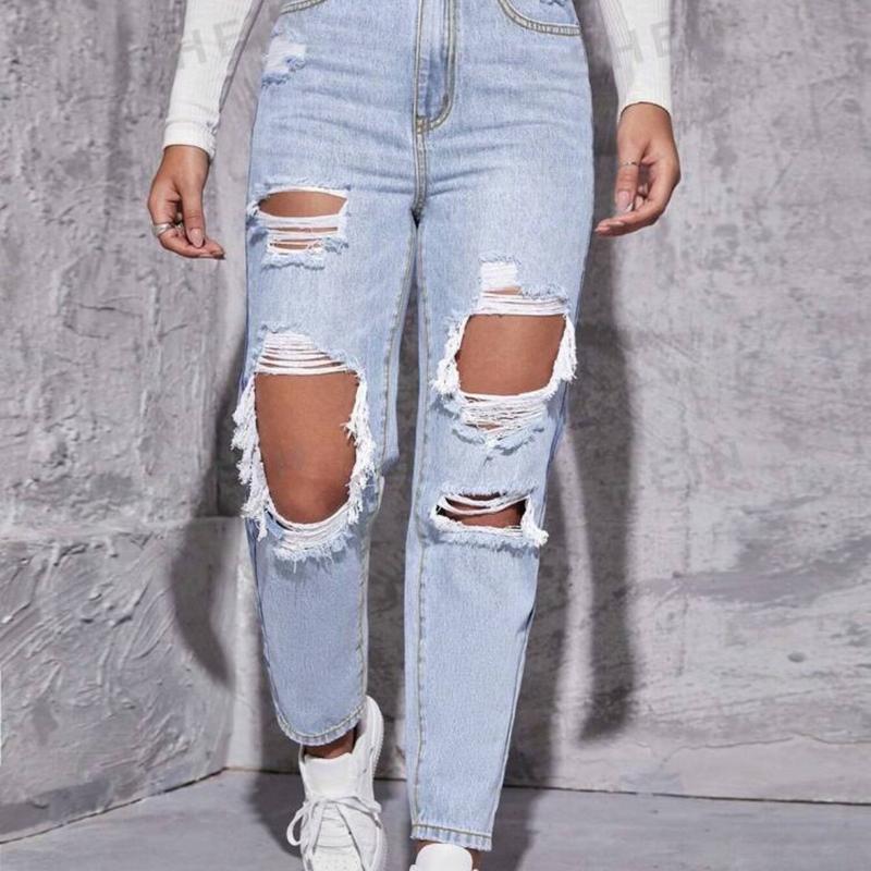 High Waist Straight Leg Ripped Jeans women  Womenswear Trouser Pants Denim Bottom trendy jean