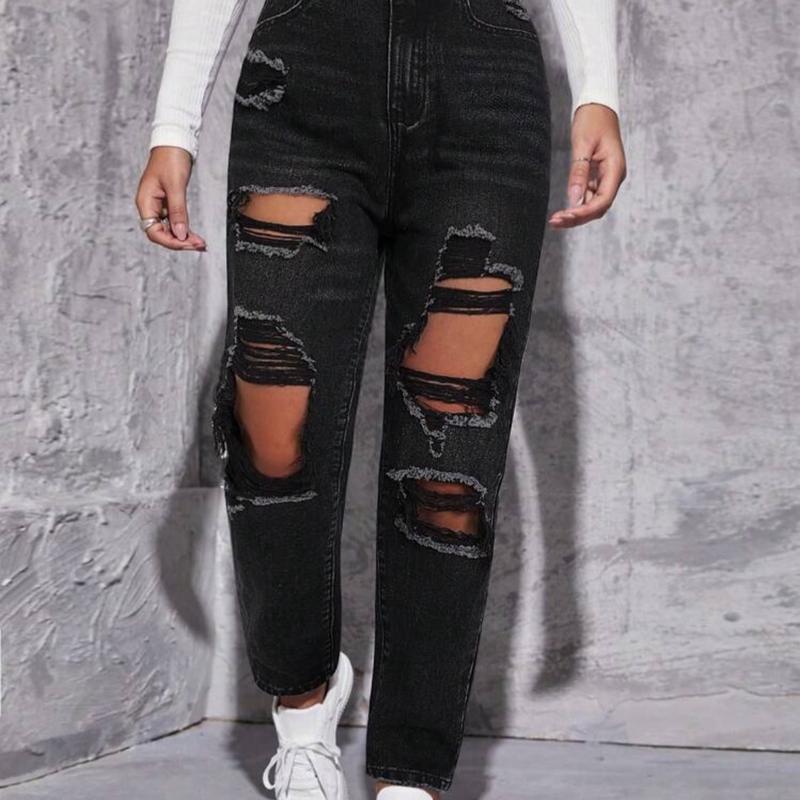 High Waist Straight Leg Ripped Jeans women  Womenswear Trouser Pants Denim Bottom trendy jean