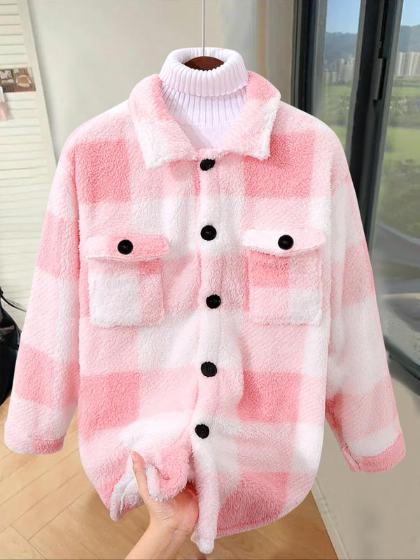 Women's Plaid Print Button Front Fleece Jacket, Casual Drop Shoulder Long Sleeve Collared Outerwear for Fall & Winter, Ladies Clothes for Daily Wear