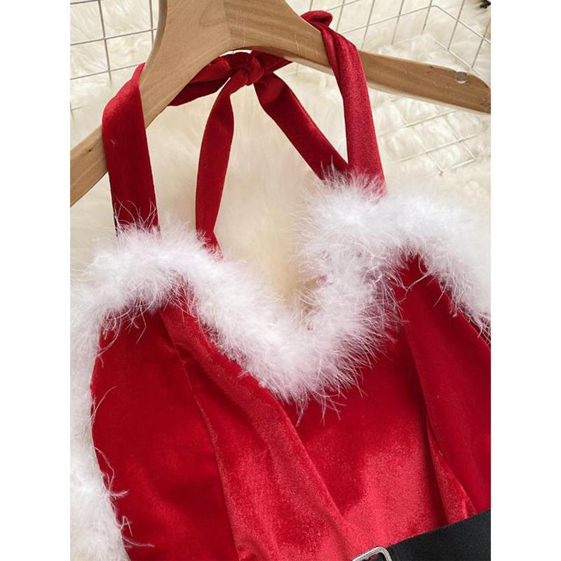 Women's Christmas Cosplay Costume Lingerie Rompers Plush Trim Christmas Party Cosplay Jumpsuits Playsuits