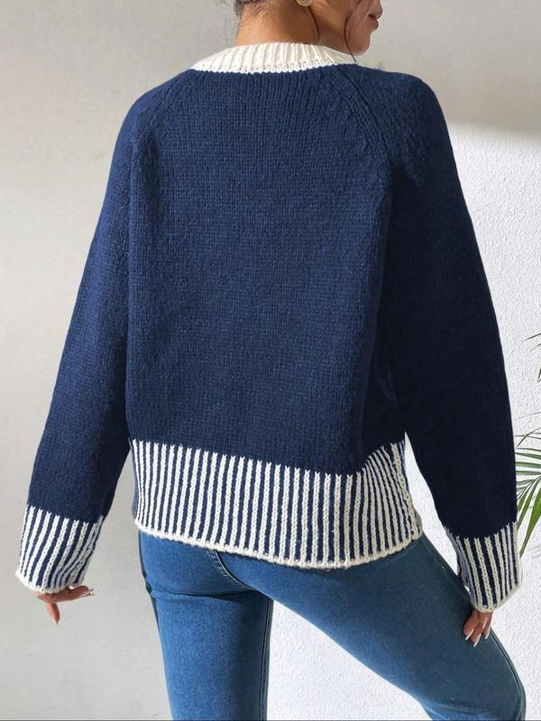 Women's Striped Print Contrast Binding Raglan Sleeve Cardigan, Casual Long Sleeve Open Front Knitwear for Fall & Winter, Fashion Women's Knit Clothing for Daily Wear