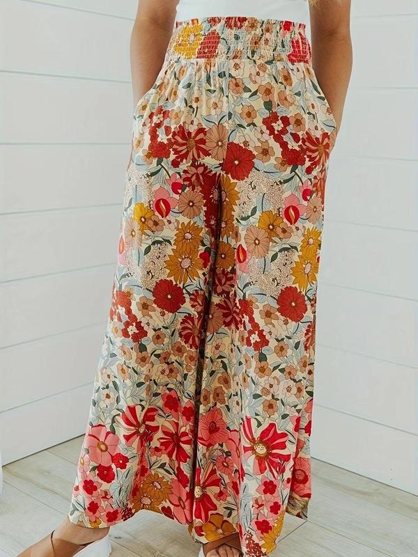  Floral Print Shirred Wide Leg Vintage Pants, Boho Casual High Waist Trousers for Women for Daily Holiday Vacation Wear, Summer Outfits, Pants for Women, Women's Bottoms for Summer