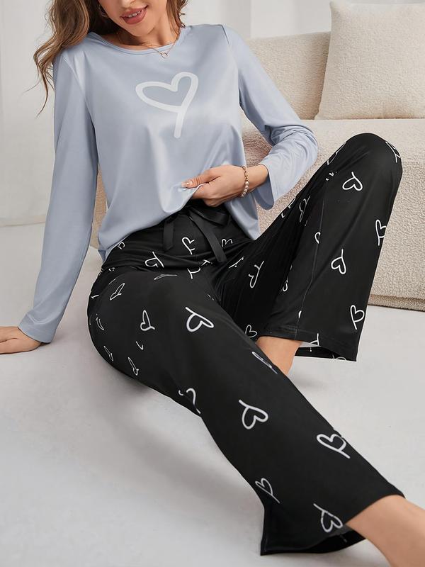 Two-Piece Set Women's Heart Print Long Sleeve Tee & Elastic Waist Pants Pyjama, Casual Comfy Round Neck Top & Bow Trousers PJ Set, Ladies Sleepwear for Spring & Fall