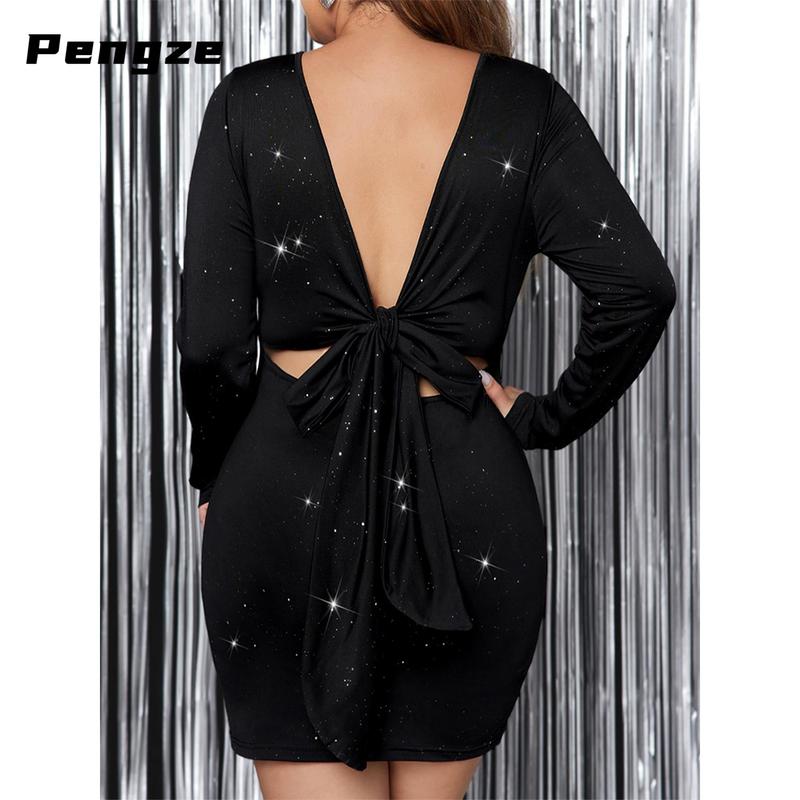 Women's Plus Size Dress Sparkly Bow Back Round Neck Long Sleeve Backless Bodycon Dress for Party Club