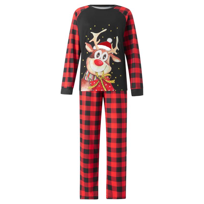 Christmas Family Matching Pajamas Set Elk Print Long Sleeve Tops Plaid Pants Xmas Jammies Sleepwear