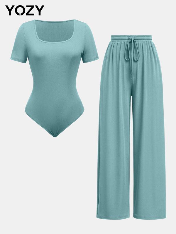 YOZY [11 colors, size 4-14] Square Neck Bodysuit & Pleated Drawstring Pants Set, Short Sleeve Bodysuit & Wide Leg Trousers Matching Set, 2024 Women's Summer & Fall Clothes For Daily & Work, [XS-XXL]