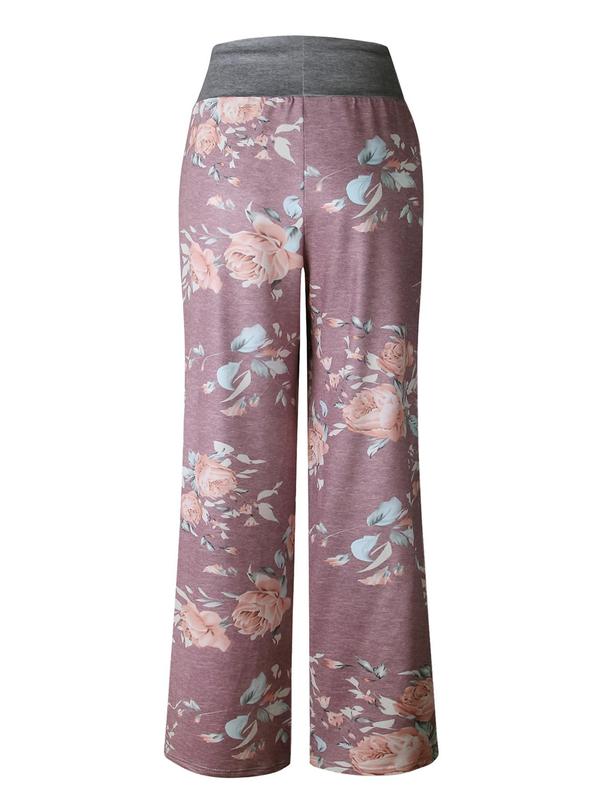 Women's Colorblock Floral Print Drawstring Waist Wide Leg Pants, Casual Comfy Trousers For Spring & Fall, Women's Bottoms For Daily Wear