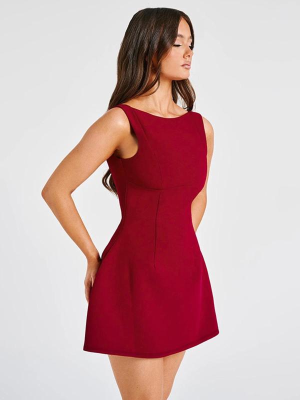 Christmas Deals, Women's Solid Backless A Line Dress, Elegant Sleeveless Round Neck Short Dress for Party Holiday Wedding Guest, Back-to-School Clothing, Ladies Summer Clothes, Christmas 2024 Trend, Fall & Winter Clothes