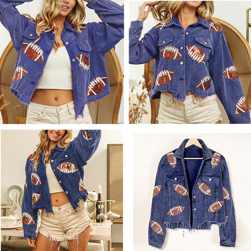 Ommig Women's Cropped Corduroy Jacket Football Sequin Patched Short Button Raw Hem Jacket Coat