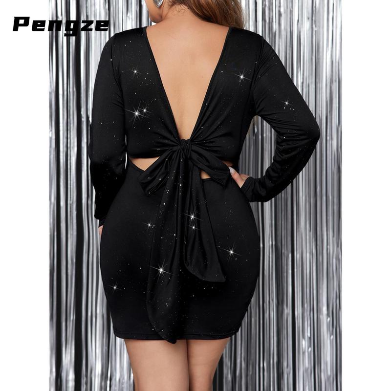 Women's Plus Size Dress Sparkly Bow Back Round Neck Long Sleeve Backless Bodycon Dress for Party Club