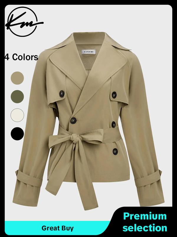 Women's Solid Lapel Neckline Double Breasted Trench Coat, Casual Long Sleeve Belted Outerwear for Fall & Winter, Ladies Clothes for Daily Wear