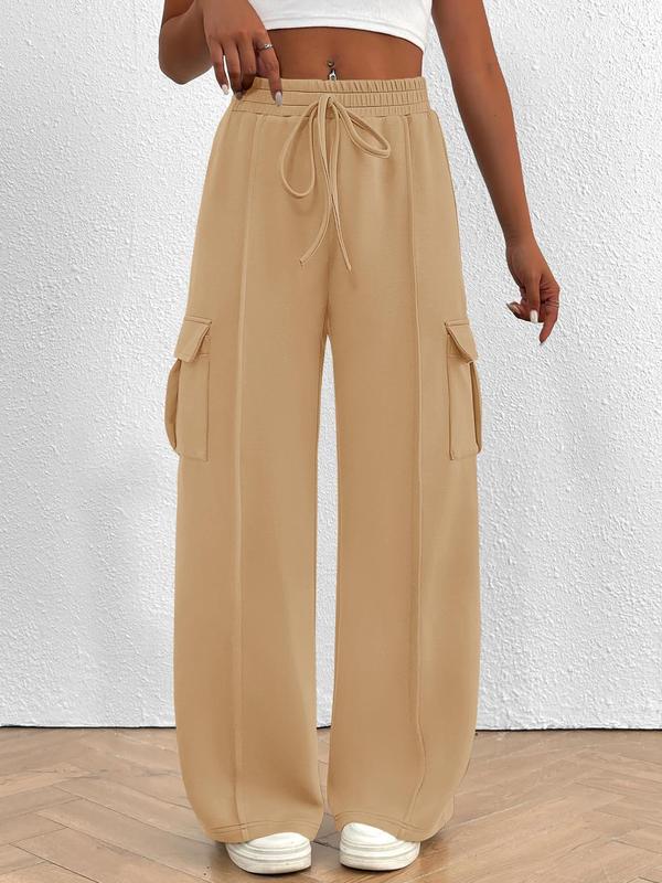 Women's Solid Drawstring Waist Wide Leg Pants, Casual Pocket Trousers for Fall & Winter, Pants for Women, Women's Bottoms for Daily Wear