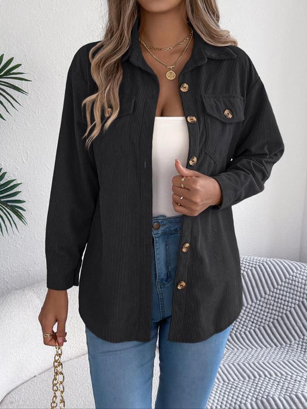 Women's Solid Button Front Corduroy Jacket, Casual Drop Shoulder Long-sleeved Outerwear for Fall & Winter, Ladies Clothes for Daily Wear