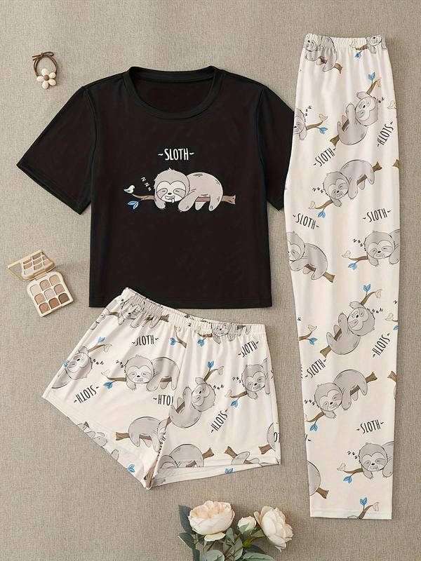 Three Counts Women's Cartoon Sloth Print Pajama Set, Short Sleeve Round Neck Tee & Elastic Waist Shorts & Pants, Soft Summer Pj Set, Lounge Co-ord Set for Lady