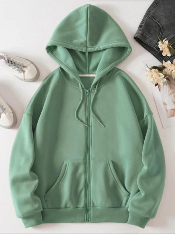 Women's Solid Kangaroo Pocket Zip Up Hoodie, Womenswear, Casual Minimalist Longsleeves Hooded Sweatshirt Outerwear for Fall Daily Wear, Comfort Basic Tops for Lady, Please Purchase A Size Up Green Hoodie Girl