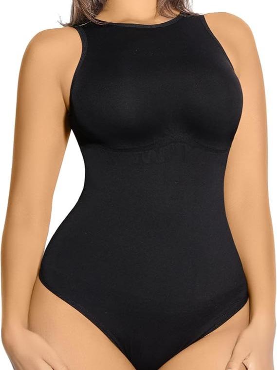 FeelinGirl 3 Pieces Women's Sleeveless Tummy Control Bodysuit Seamless Leotard High Neck Racer Back Tank Tops Thong Basic Womenswear Fabric Crew Neck Shapewear