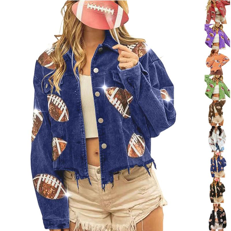 Ommig Women's Cropped Corduroy Jacket Football Sequin Patched Short Button Raw Hem Jacket Coat