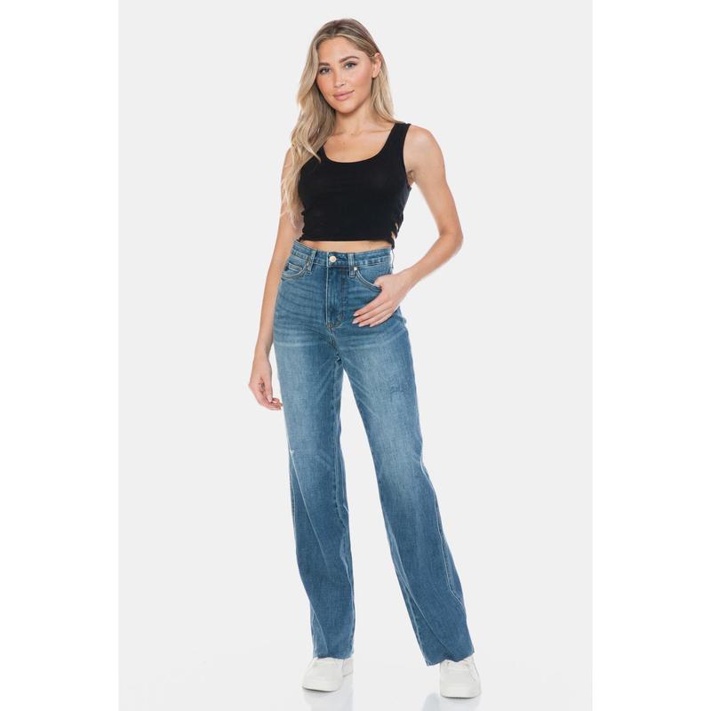 Judy Blue Full Size Tummy Control Cut Raw Hem Straight Jeans