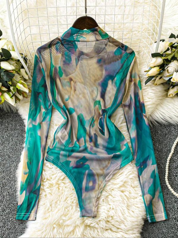 Women's Tie Dye Print Mock Neck Bodysuit, Casual Long Sleeve Bodysuit for Daily Wear, Ladies Clothes for All Seasons