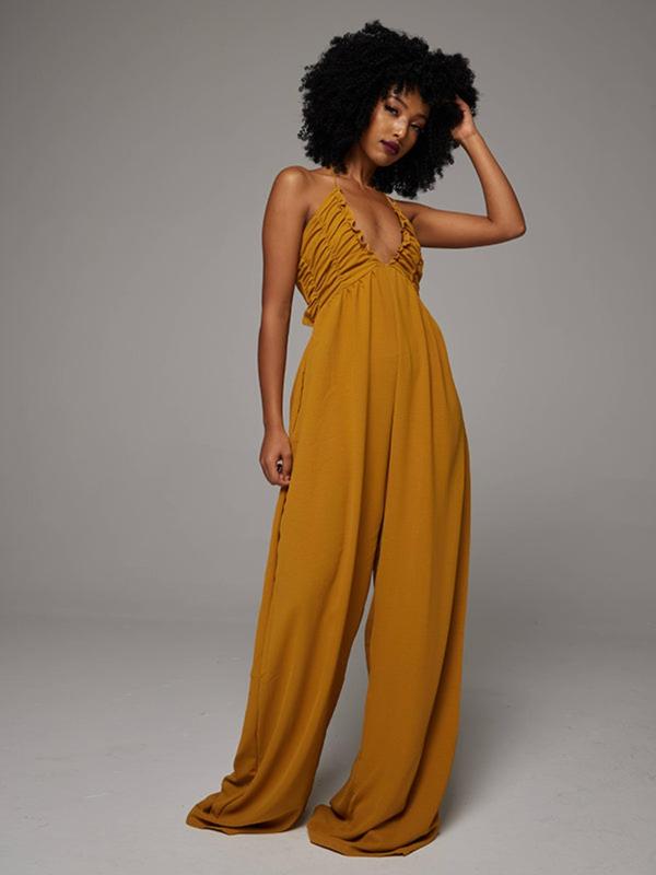 Women's Solid Ruched Halter Tie Back Jumpsuit, Casual Backless Wide Leg Jumpsuit for Summer, Women's Clothing for Daily Wear